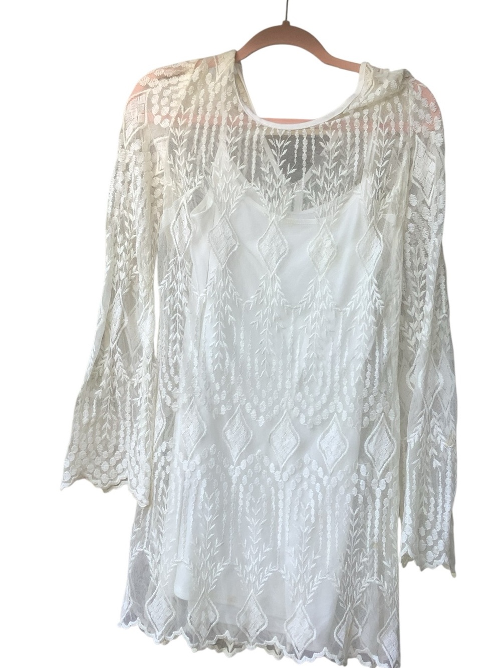 Ecole White Embroidered Lace Dress Attached Slip Boho Size Medium - Picture 2 of 11